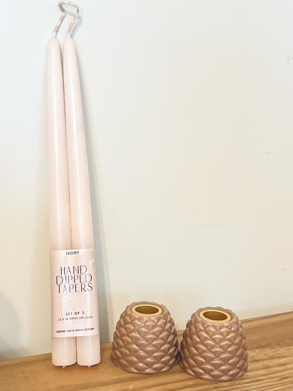 💥 Creative Co-Op Pinecone Candle Holders & Hand Dipped Tapers - Ivory (Set of 2)